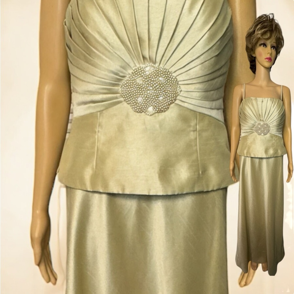 🔴 Jessica Howard Vintage Golden Column Gown Pleated Top Pearl Sequins
